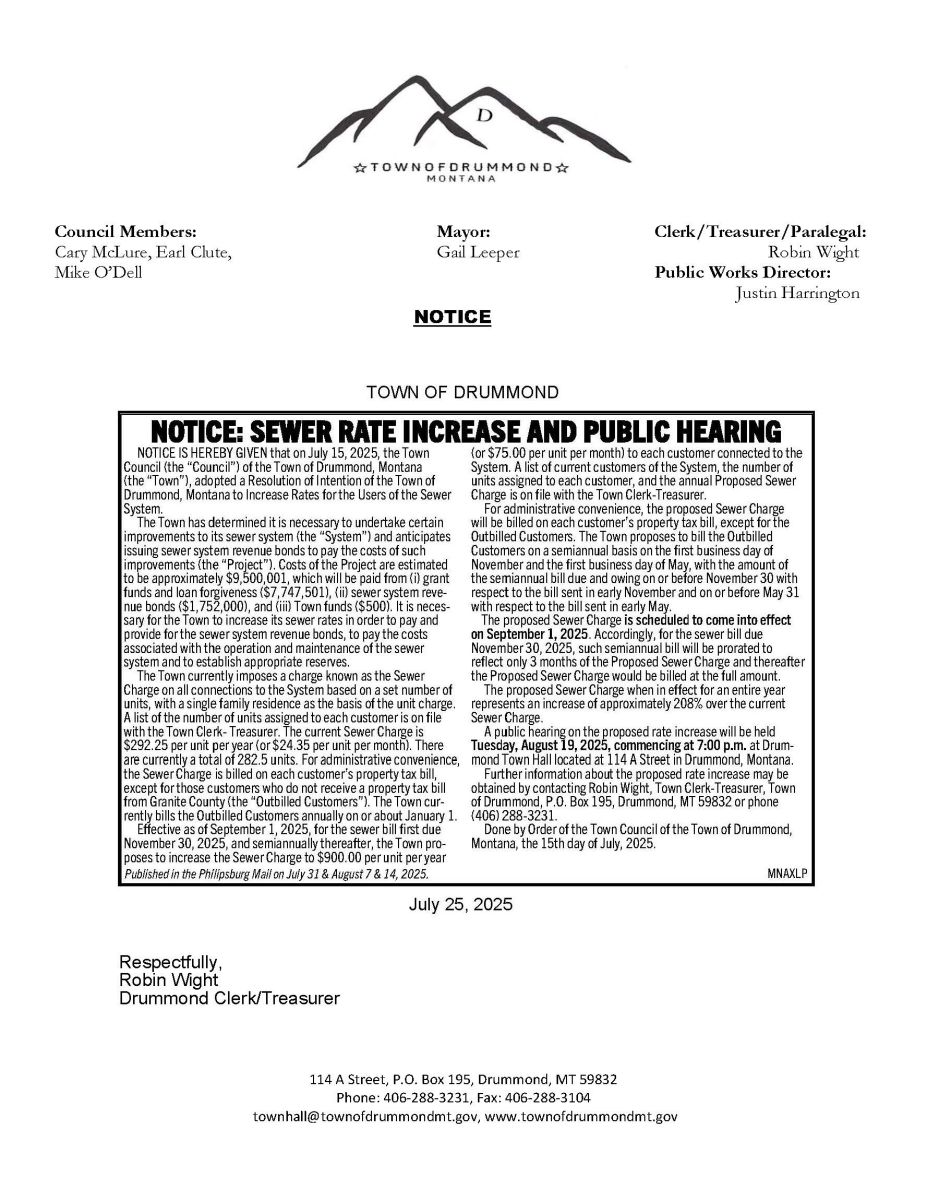 Letter Notice Sewer Rate Verbiage