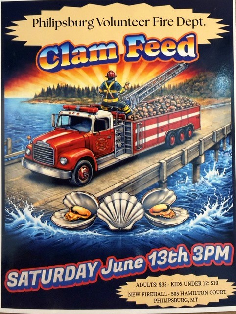 verbiage clam feed event, water way bridge with ladder fire truck and fireman, clam shells, shoreline with pine trees and rocks, sun rays
