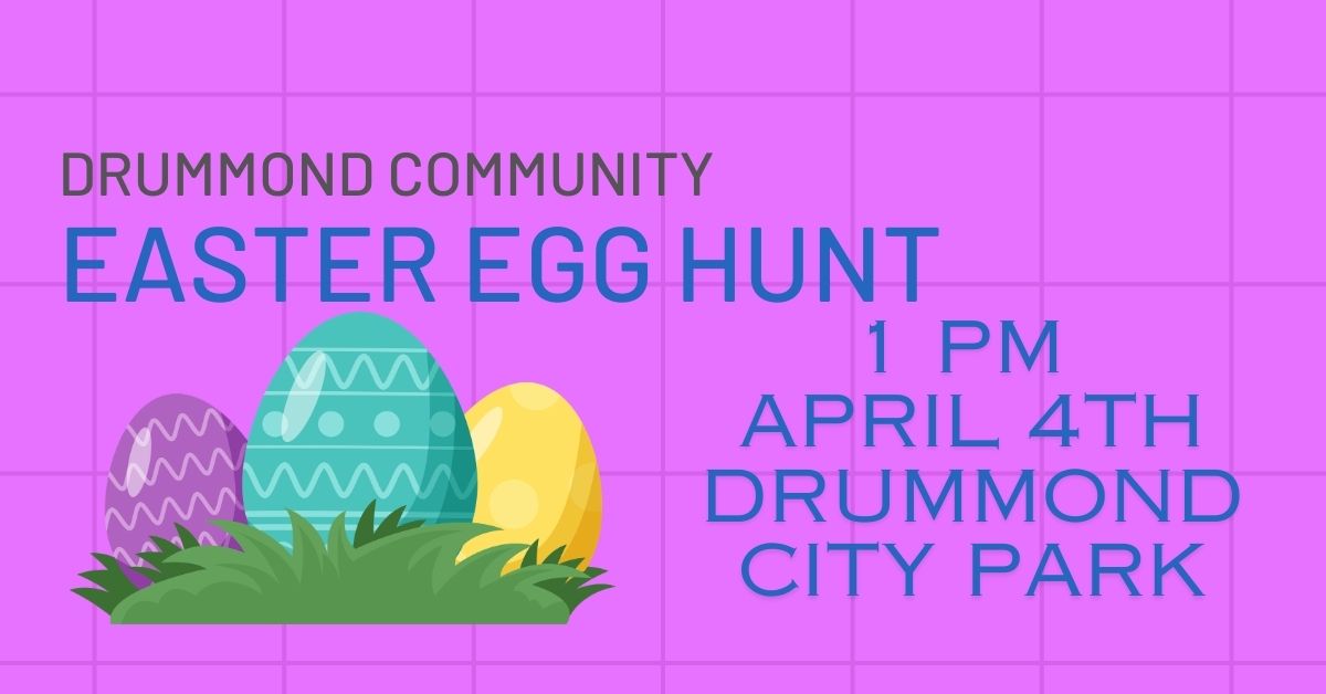 pink background with grid lines, three colored eggs on grass, event verbiage