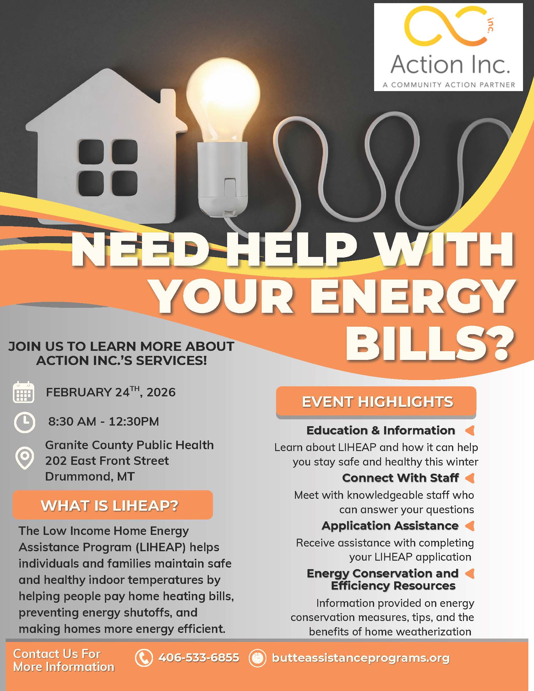 House, light bulb with cord Action Inc Logo event verbiage