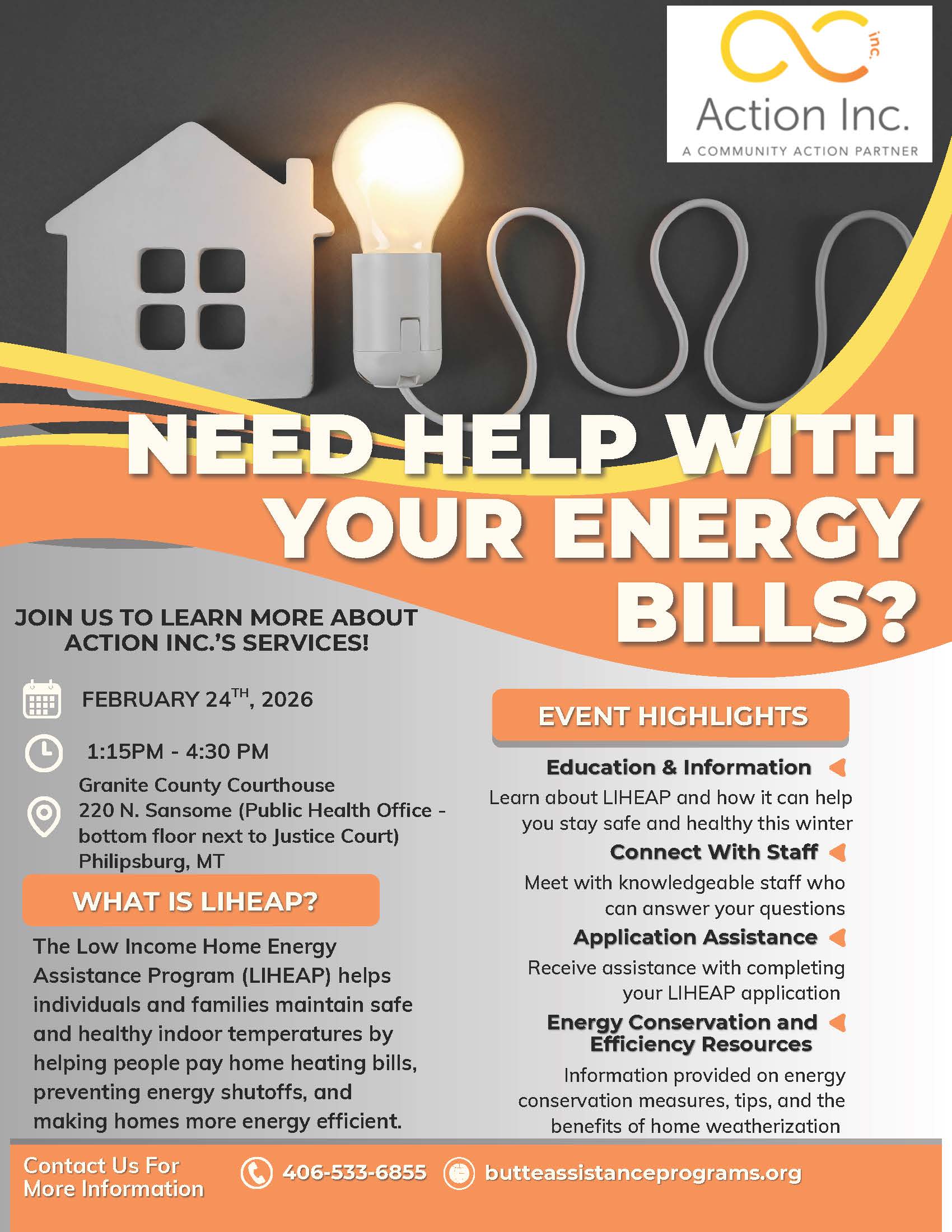 House, light bulb with cord Action Inc Logo event verbiage