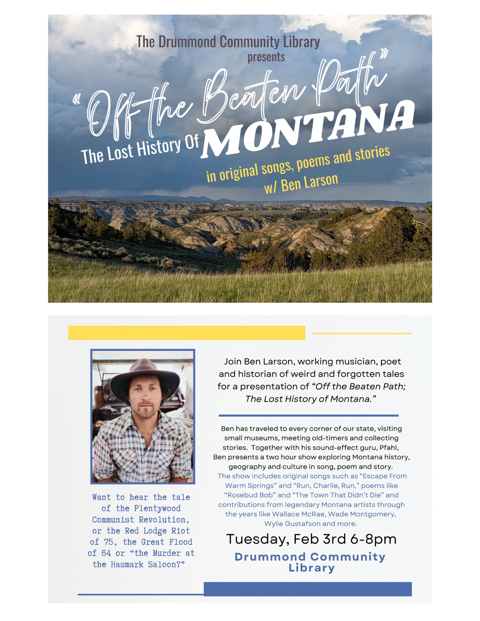 Mountain scene grass foreground cloudy skies verbiage for Night at the Library