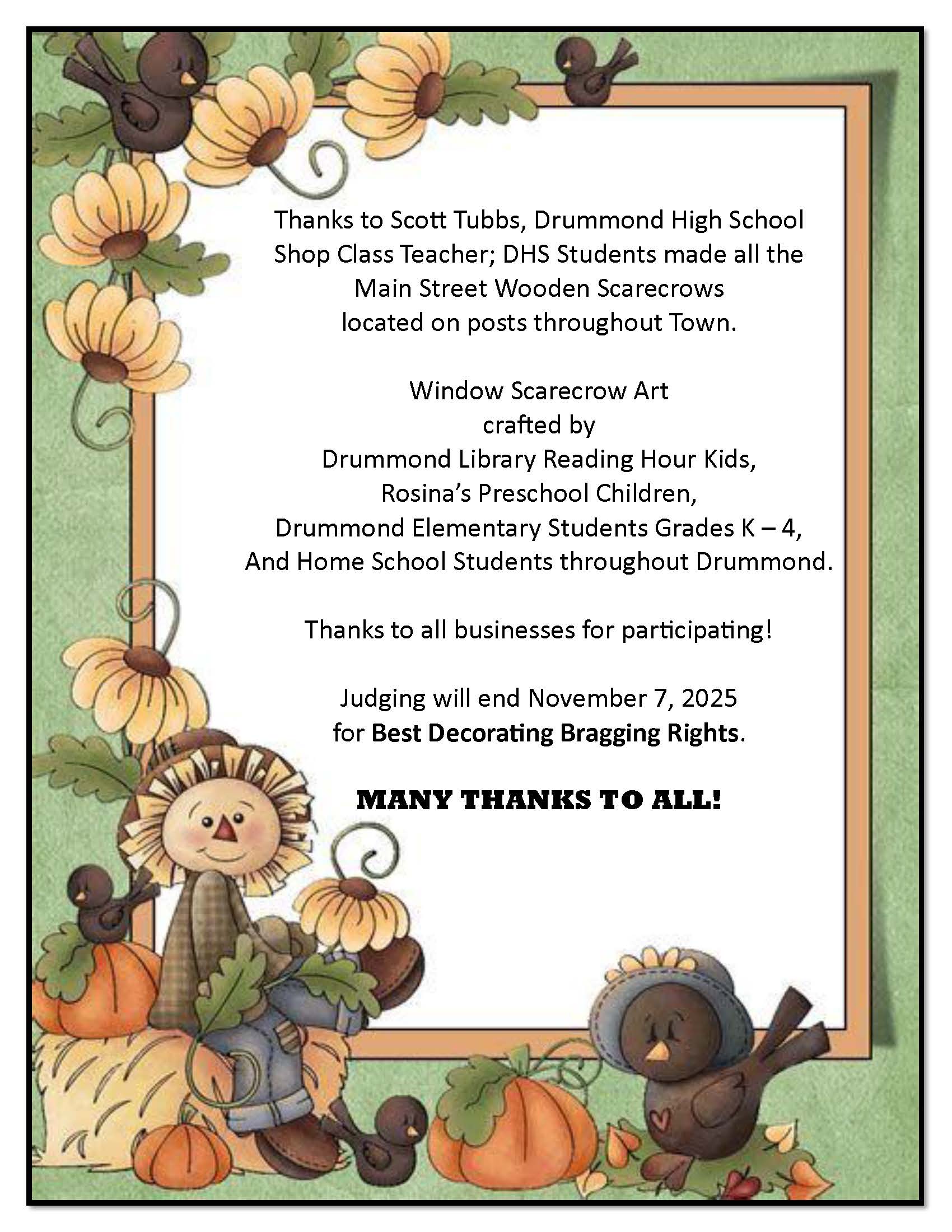 verbiage with border scarecrow, pumpkins, blackbirds and sunflowers