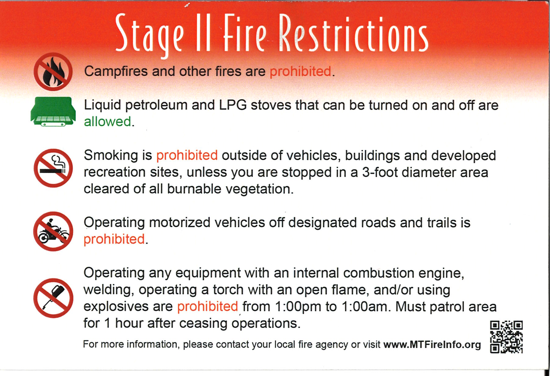 FIRE RESTRICTIONS, NO CAMPFIRES, NO SMOKING, NO OFF ROAD, NO EQUIPMENT SYMBOLS; STOVE SYMBOL ALLOWED